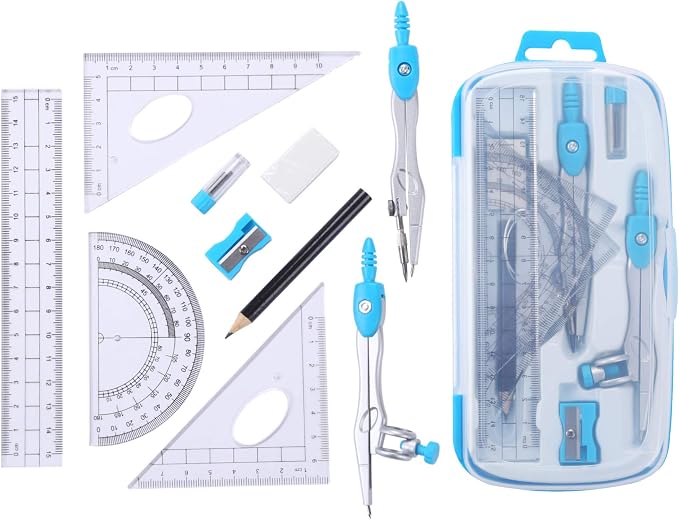 Unjoo Math Geometry Set 10 Pcs, Compass and Protractor for Students(Blue) | Shatterproof Storage Box,Rulers,Protractor,Compass,Eraser,Pencil Sharpener,Lead Refills,Pencil,for Classroom, Back to School