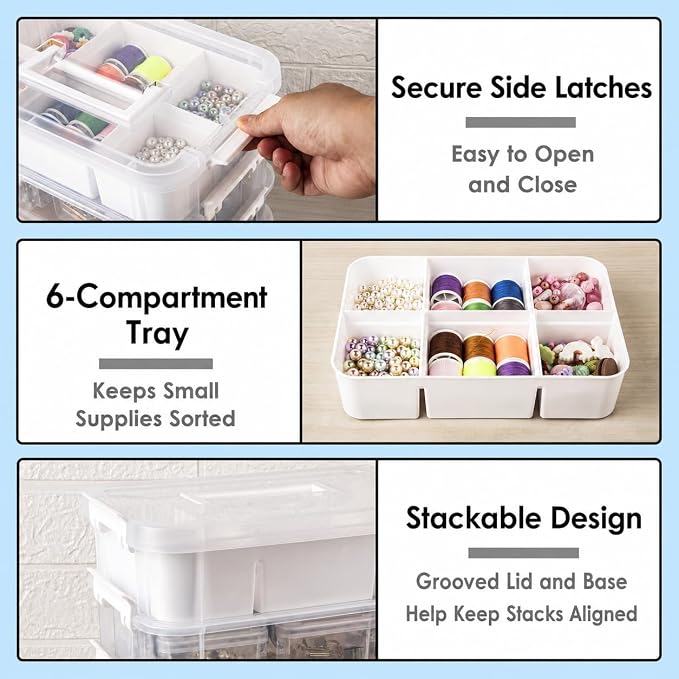 CraftGenes Craft Organizer, 4 Tier Storage Box with Removable Trays, White | 4 Storage Tiers; 2 Removable Trays; Side Latches; Stackable Design; For Beads, Thread, Tools, Crafts and Accessories