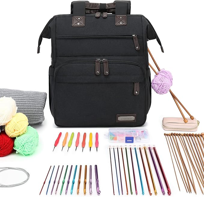 Knitting Bag Backpack Yarn Storage Organizer Travel Bag with USB Charging Port, Tote Bag Holder for Knitting Needles, Crochet Hooks, Accessories - Black