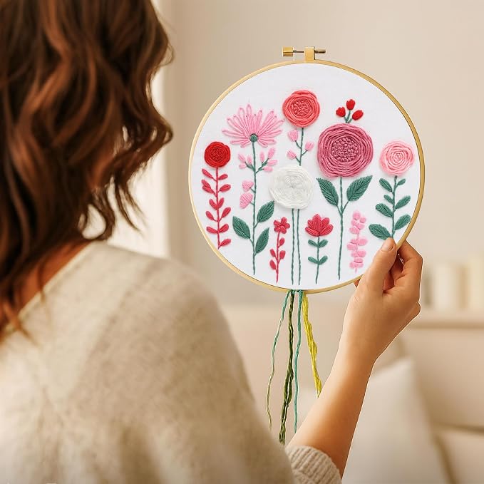 Nuberlic Floral Embroidery Kit for Beginners Adults | Easy Embroidery Kits for Adults Starter Cross Stitch Kit DIY Needlepoint with Step-by-Step Instruction,Gifts and Home Decor