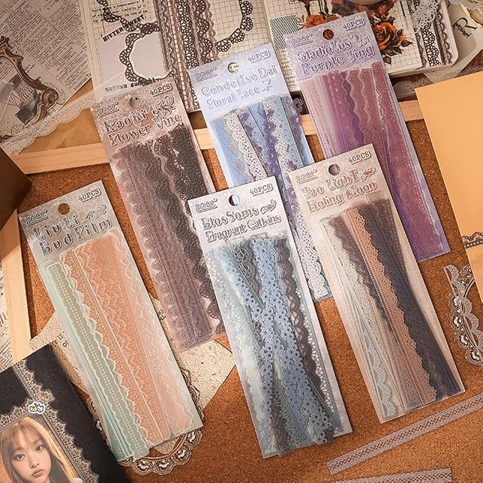 40 Pcs Transparent Lace PET Stickers for Scrapbooking Junk Journal Card Making Collage Diary Planner Notebook Letter Photo Album Craft Project Decoration, 5 Patterns (Brown)