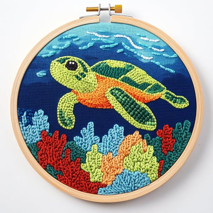 DIY Punch Needle Kits Green Sea Turtle with Hoop 20x20cm-5 | with Pattern Stamped Easy for Beginners Embroidery Punch Needle Starter Craft Set for Adults Festival Gift and Decoration