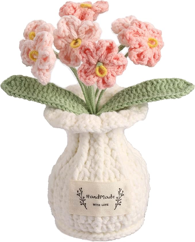 Forget-me-not Crochet Flower Potted Plant Pink - Handmade Desk Decor for Her Girlfriend Wife Mom Friends Sister Graduation Birthday Wedding Anniversary Home Decoration