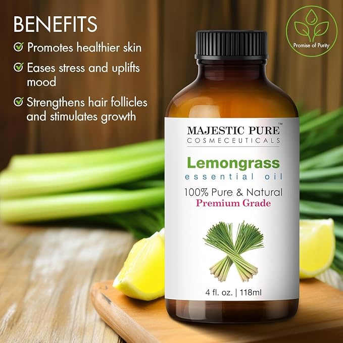 Majestic Pure Lemongrass Essential Oil for Diffuser - 4 Fl Oz (Pack of 2) | 100% Natural Essentials Oils for Aromatherapy, Massage, candle making, soap making and custom essential oil blends