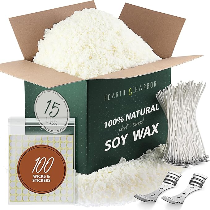 Hearth & Harbor Organic Soy Candle Wax for Candle Making, 15 lbs Natural Candles Making Supplies, Beeswax-Free, Paraffin-Free, Pure Soy Wax Flakes Perfect for Candles, Tealights and Melts