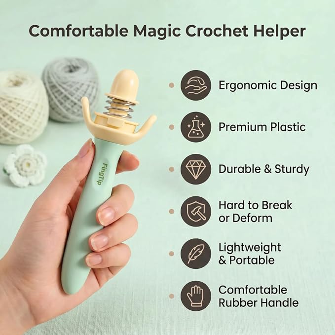FingTip Crochet Tension Tool Kits for Beginner, Ergonomic Yarn Guide Holder, Comfort Grip Handle for Left & Right Hander, Portable Crochet Accessories Gifts for Crocheters & Knitters(Green)