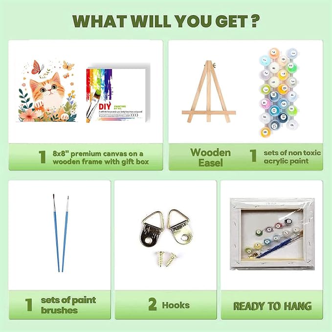 cviokrdu Cat Paint by Numbers Kit for Kids with Frame - Wooden Easel, Animals Paint by Numbers for Kids Ages 4 8 12, Easy Acrylic Oil Painting Kits for Home Wall Decoration 8x8 inch
