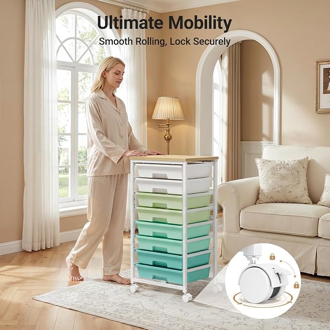 Pipishell Rolling Cart with 8 Drawers, Craft Storage Cart, Green Gradient