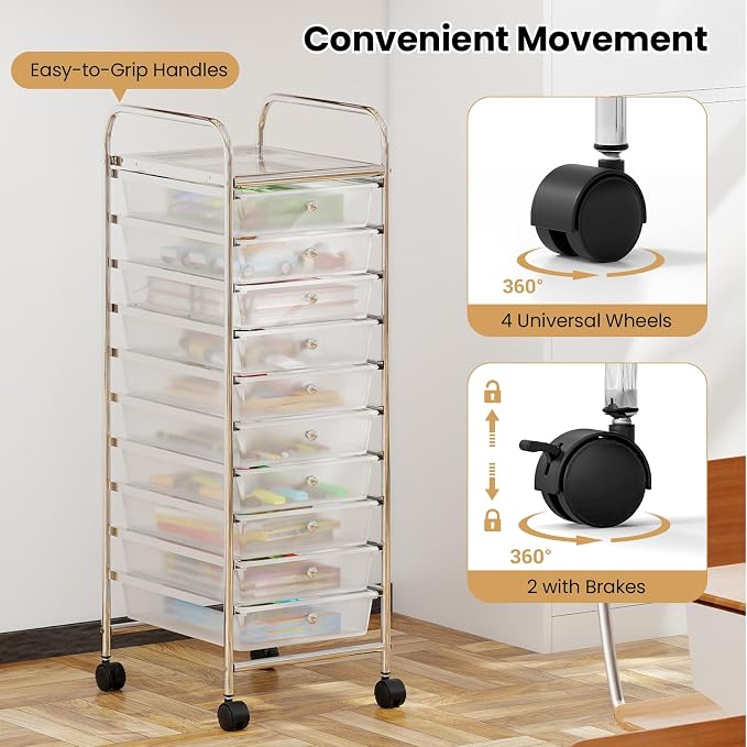 Giantex Rolling Storage Cart with 10 Drawers, Utility Cart with Tabletop, Drawer Organizer with Wheels for Craft Art Paper Tool, Mobile Organization & Sorting for Office Home School School Supplies