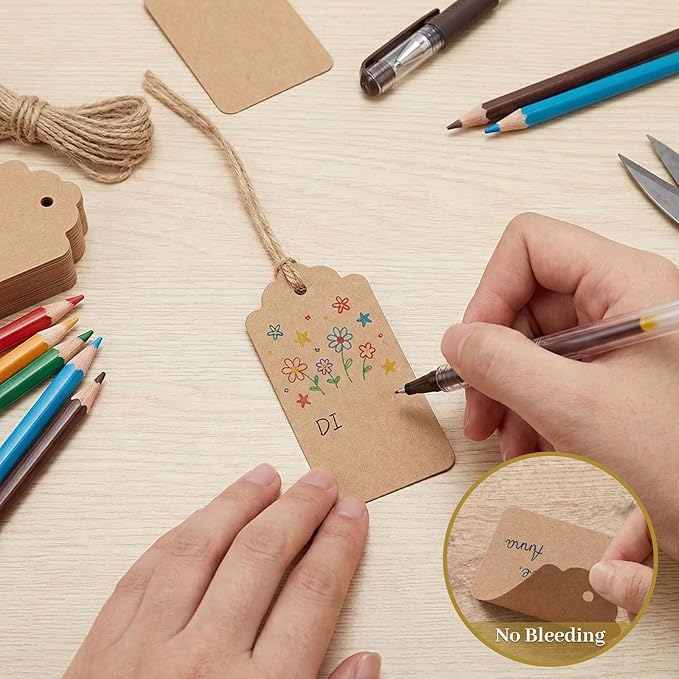 SALLYFASHION 100PCS Gift Tags with String Attached, Kraft Paper Hang Tags | 1.7 X 2.8 inch, Hang Tags for Clothes DIY Crafts, Wedding Holiday ,Brown