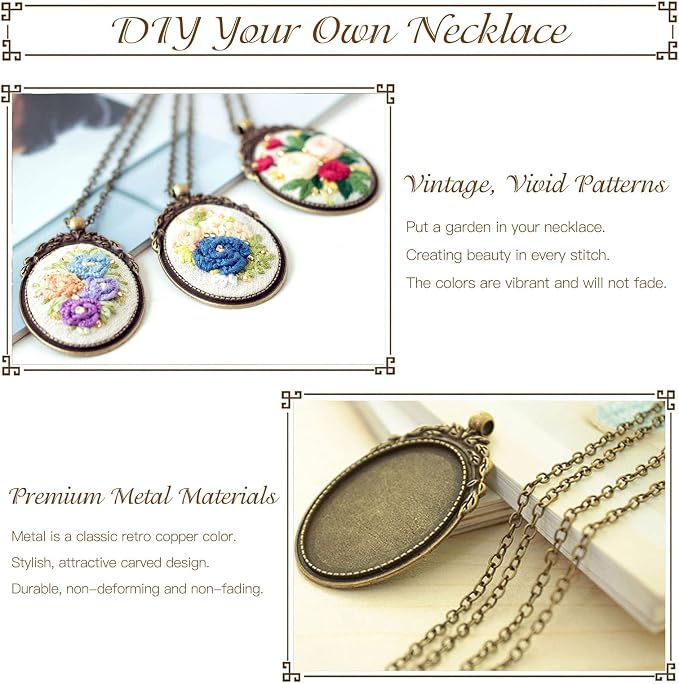 ZOCONE 3 Packs Embroidery Necklace Kit, Embroidery Pendant Kits Mini Cross Stitch Kit with Hoop, Necklace, Pendant, Beads, Stamped Pattern Cloth, Instructions, etc., Embroidery Kits for Adults