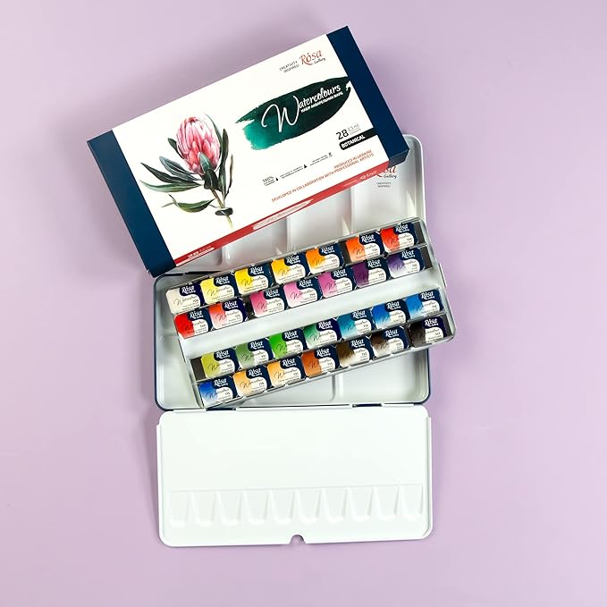 ROSA Gallery Botanical Watercolor Paint Set, Vibrant Kit Designed by Professional Artists, Washable, High Lightfastness Pigments, Made in Ukraine, Packed in Metal Paint Box, 28 Ct.