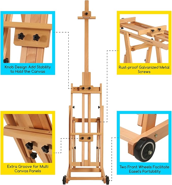 MEEDEN Versatile Studio H-Frame Easel - All Media Adjustable Beech Wood Studio Easel, Painting Floor Easel Stand, Movable and Tilting Flat Available, Holds Canvas Art up to 77"