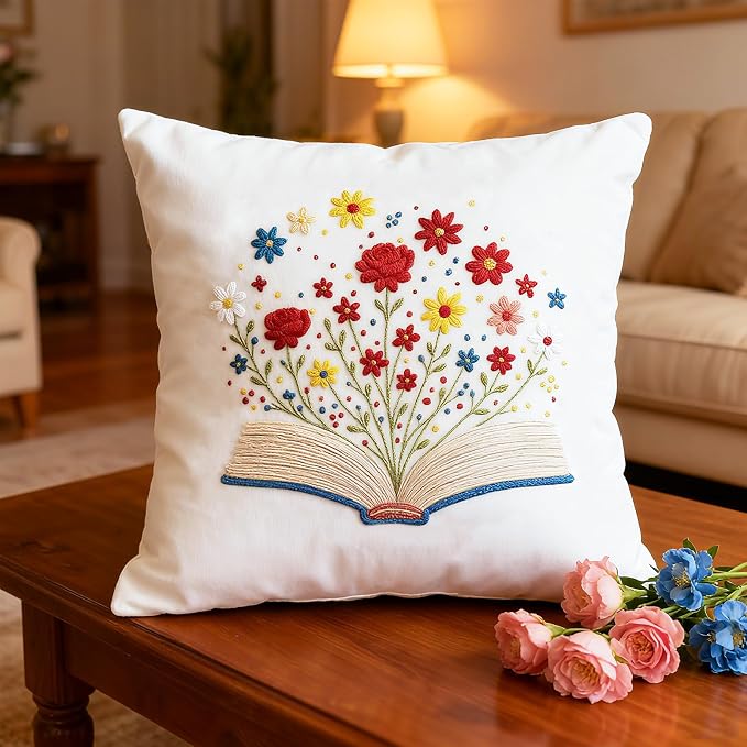 BEUNITONE 6 Set Books Flowers Embroidery Kit for Adult Beginners with Hoops and Instructions Literary Themed Needlepoint Craft Kits Complete DIY Handmade Cross Stitch Set for Book Lovers Home Decor