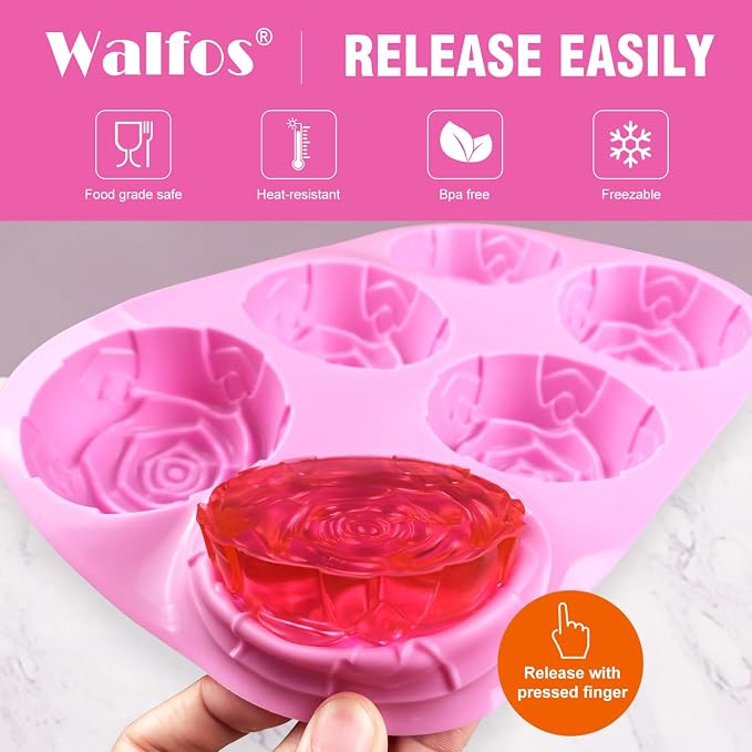 Walfos Rose Ice Cube Mold 2.8 Inch,Soap Mold, Make 12 Cute Flower Shape Ice. BPA Free and Dishwasher Safe.Release Easily.Perfect for Soap Cocktails Juice Whiskey Jelly Chocolate etc.(Set of 2 Pink)
