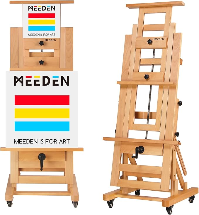 MEEDEN Extra-Large H Frame Easel: Solid Beech Wood Artist Easel for Adults | Professional Heavy Duty Easel with Crank, Movable and Tilting Flat Art Easel Stand for Canvas up to 76.7", Natural