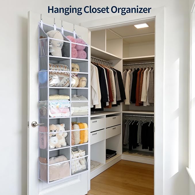 Yecaye 80lb Clear Door Hanging Yarn Storage Organizer, 10 Large Plastic Pockets & 10 Mesh Pockets Over the Door Crochet Organizer, 5 Tier Yarn Ball Storage for Knitting Needles, Gray