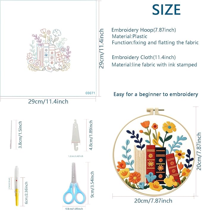 Zhenqing 4-Piece Book Lover Embroidery Kit for Beginners, Cat Coffee Books Needlework Set with Pre-Printed Fabric, Hoop, Threads & Tools (C0226)