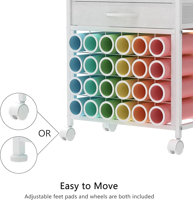 VENNQD Organizer and Storage Stand Compatible with Cricut Machines,Rolling Storage Cart/Shelf with 24 Vinyl Roll Holders，2 Fabric Drawer,Accessories Holder,Tool Hook for Craft Room Home (white)