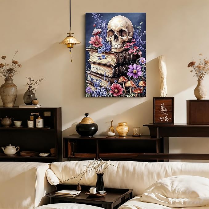 5D Vintage Skull Old Books Diamond Art kits for Adults Beginners 12x16inch | Wild Flower Diamond Painting Kit, DIY Full Round Drill Paint by Diamonds Dot Gem Art for Adult, Home Wall Decor