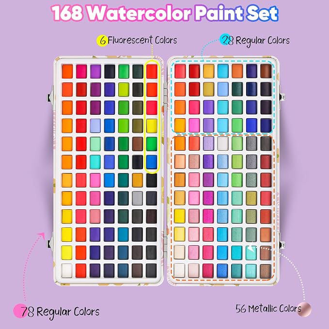 Taotree Watercolor Paint Set 168 Colors, Art Supplies Travel Water Colors | Coloring Set Watercolors Kit with 3 Paints Brushes, Crafts Painting Supplies, Drawing for Adults Artist Drawing