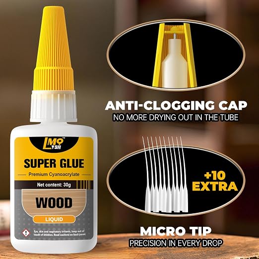 Wood Super Glue 60 Gram, Thin Liquid CA Glue for Woodworking Furniture Repair Wooden Crafts Carpenter, Clear High Strength Cyanoacrylate Adhesive Instant and Strong Bond Superglue for Everything