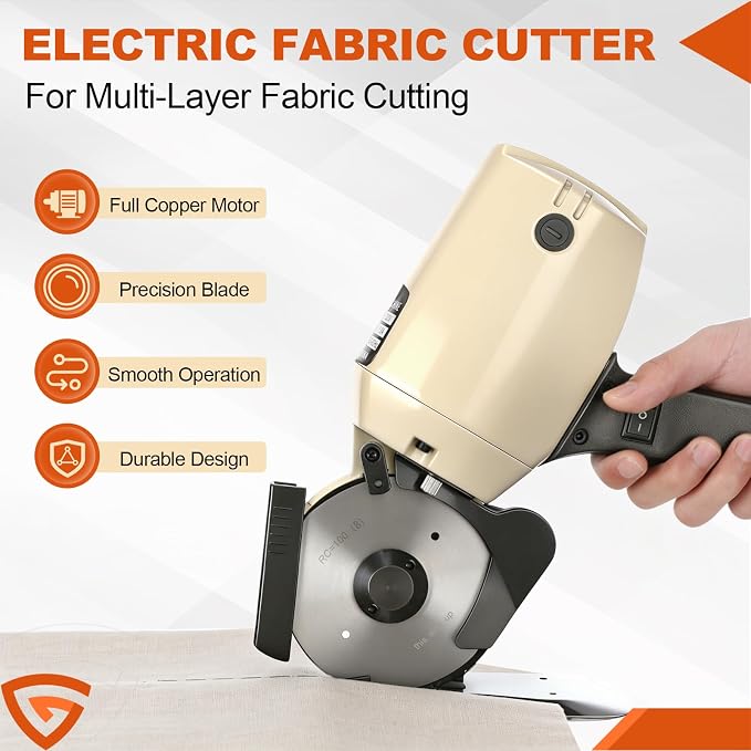 Fabric Cutter 110V Electric Cloth Cutting Machine with Extra 4-Inch Rotary Blade & Automatic Sharpener Hand Held Fabric Slitting Machine for Multi-Layer Clothing, Textiles, Leather, Carpet