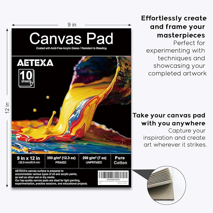 AETEXA Canvas Paper Pad, 9”x12” Canvas Pad, 10 Sheets, 12.3 oz Gesso, Glue Bound, Art Supplies for Adults and Teens, for Acrylic Pouring and Oil Painting.