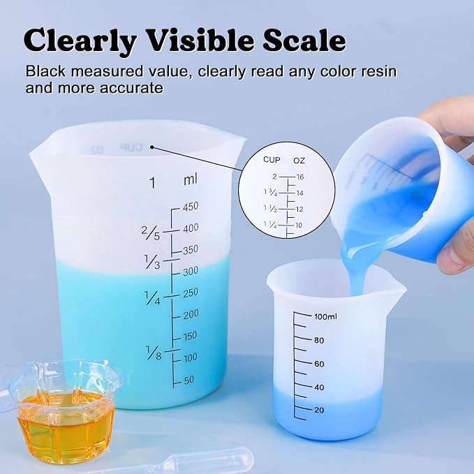 LET'S RESIN Silicone Measuring Cups, 450 ml and 100 ml Mixing Kit | Two-Scale Reusable Silicone Cups and Stirring Sticks Are Easy to Clean for Resin Molds, Pigments and Glitter Tumblers