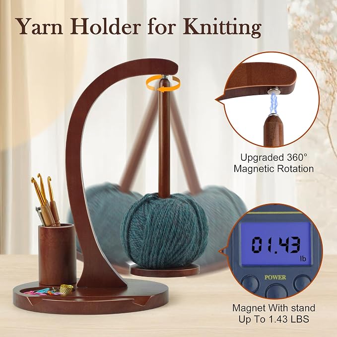 Sewovvmu Crochet Yarn Holder, Yarn Spinner for Crocheting with Phone Stand & Crochet Accessories Storage, Crochet Gift for Knitting Lovers (Brown)