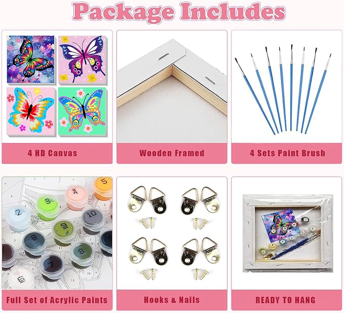 4 Pack Butterfly Paint by Number for Kids with Wooden Frame - Wooden Easel | Paint by Numbers for Kids Butterflies Ages 4-8-12, Easy Painting with Number Oil Painting Kits for Home Wall Decor (8X8 inch)