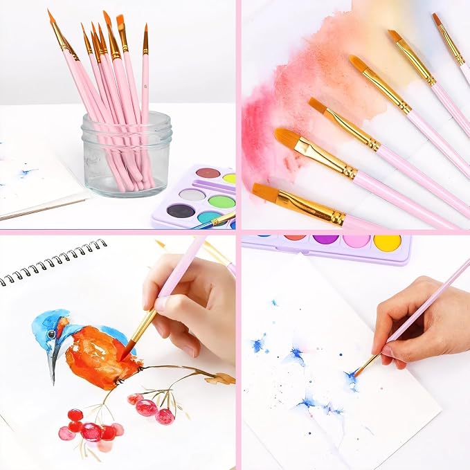 Acrylic Paint Brush Set, 20 Packs/200 pcs Nylon Hair Brushes | Oil and Watercolor, Perfect Suit of Art Painting, Best Present for Painting Pink