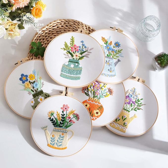 GLTAYLMY 3pcs Embroidery Starter Kit with Vase Pattern, Stamped Cross Stitch Kits for Beginners Adults with Embroidery Hoop and Instructions, Hand Embroidery Kit