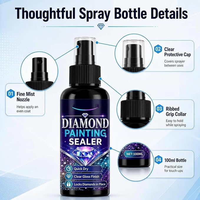 Diamond Art Sealer Spray Accessories 100ml, 30 Minutes Fast Drying, Secure Diamond Fixing & High Gloss Finish, Diamond Art Tools & Accessories, Simple Spray Application, No Brush Required (1 Pack)