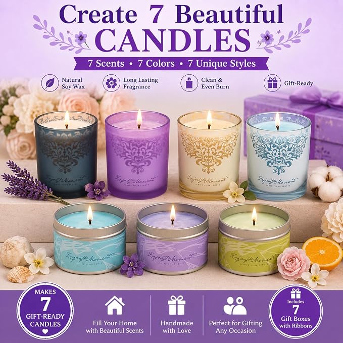 RU HANDMADE DIY Candle Making Kit for Adults – Soy Wax Candle Kit for Beginners, Make 7 Full-Size Candles with 7 Gift Boxes, 1120g Wax, 7×10ml Fragrance Oils, 4 Glass 7oz Jars & 3 Tins