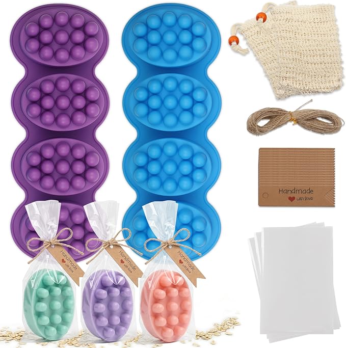 101 Pcs Soap Making Mold Kit - 2 Massage Silicone Molds, 48 Bags, 48 Gift Tags, 65ft Jute Twine, 2 Sisal Foaming Soap Bag Pouch for Handmade Craft Soaps, DIY Hair Comb Masks Salon Spa Scalp Massager