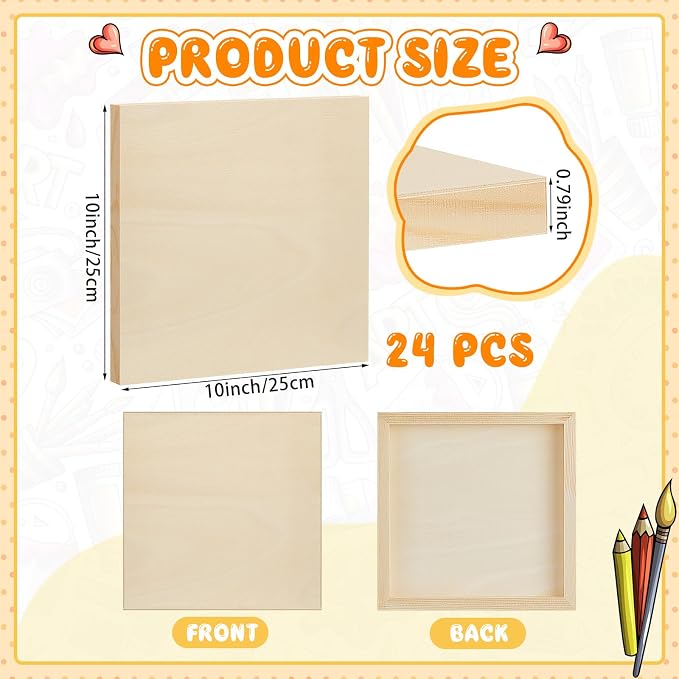 Barydat 24 Pcs Wood Panels for Painting 10'' x 10'' Unfinished Wood Canvas Board Artist Wall 0.79'' Deep Wooden Cradled Panel for DIY Crafts, Easel Display, Painting Pouring Arts Use with Oil, Acrylic