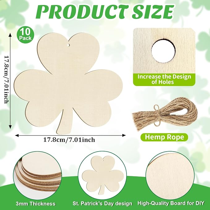 Wooden Shamrock Ornaments to Paint St. Patrick's Day Decoration Cutouts Unfinished 24PCS 3.15 Inches, DIY Blank Unfinished Wood Discs Ornament for Home Farmhouse Crafts Hanging Spring Decorations