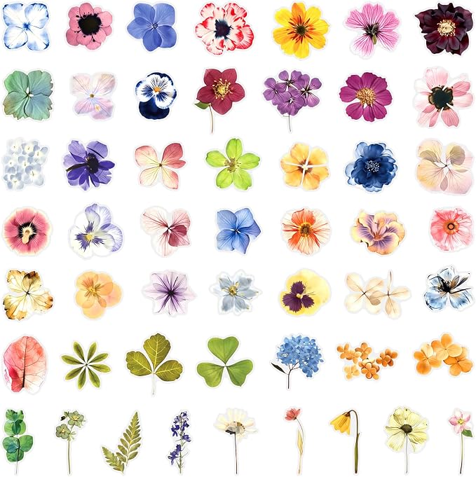 50pcs Press Flowers Stickers Transparent Vinyl Laptop Waterproof Decals for Water Bottles Skateboard Computer Cars Luggage Phone,Graffiti Stickers Pack for Teens Girls Kids Adults(Colourful-F13)