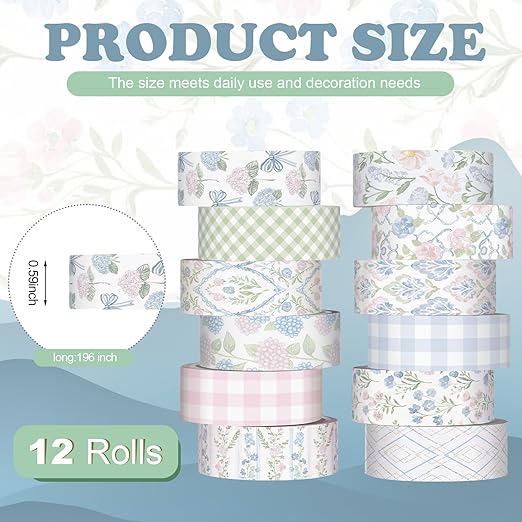 12 Rolls Floral Washi Tape Set,Pink and Blue,Flowers | Watercolor Flowers Design for Scrapbook Journal DIY Craft School Supplies, 15 mm Vintage Decorative Masking Washi Tapes