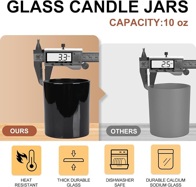 SHOWIN 10 OZ Thick Candle Jars for Making Candles 15 Pcs, Empty Jars with Wood Lids for Candle Making, Sample Container, Glossy Black