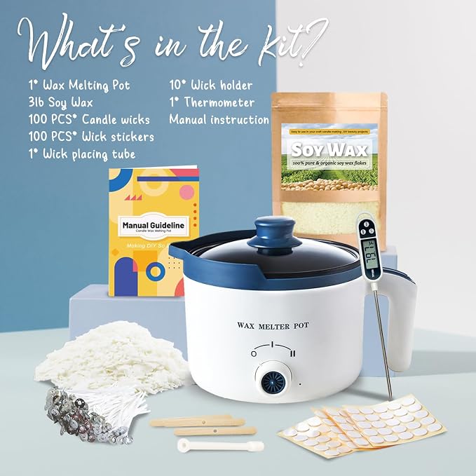 3lbs Soy Wax Melt Making Kit with Electric Wax Melting Pot | soy wax melter kit includes natural soy wax flakes, an electric wax melter, a thermometer, and wicks