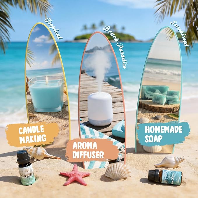 ARVIDSSON Summer Essential Oils Set, Tropical Fragrance Oil for Diffuser, Soap and Candle Making - Ocean Breeze, Pina Colada, Fresh Cotton, Pink Sand, Plumeria, Coconut, Scented Oil for Home