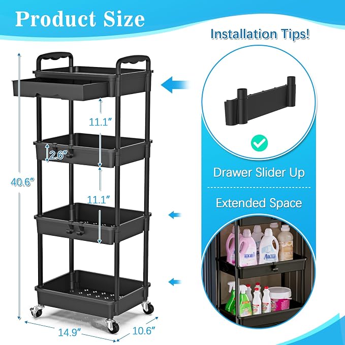 SUNALLY 4 Tier Rolling Cart with Drawer, Craft Storage Cart Organizer,Black