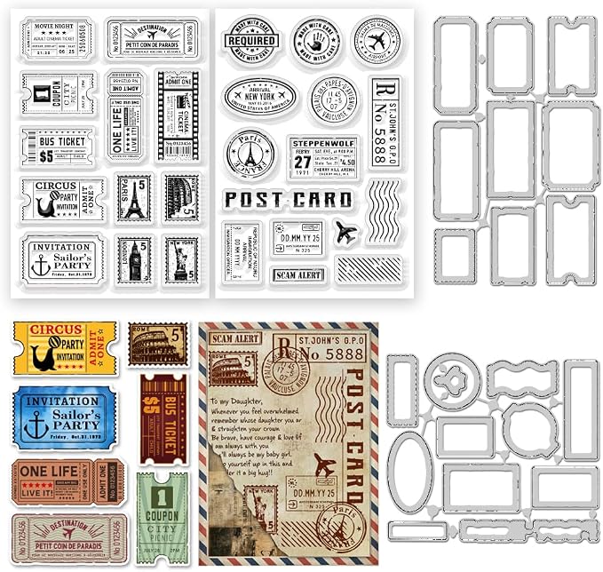 48Pcs Vintage Clear Stamps and Dies for Card Making Postcards Postmarks Labels Rubber Clear Stamps Retro Template for Album Paper Scrapbooking Photo Journal DIY Crafting