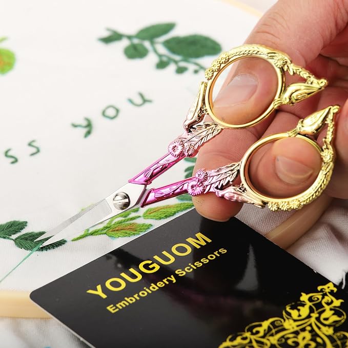 YOUGUOM Sewing Embroidery Scissors, Small Precision Shears | 4.6in, Pink, Sharp Tip for Craft, Needlework, Cross Stitch, Yarn, Paper, Thread Cutting, Cute Bird DIY Kit, with Cover