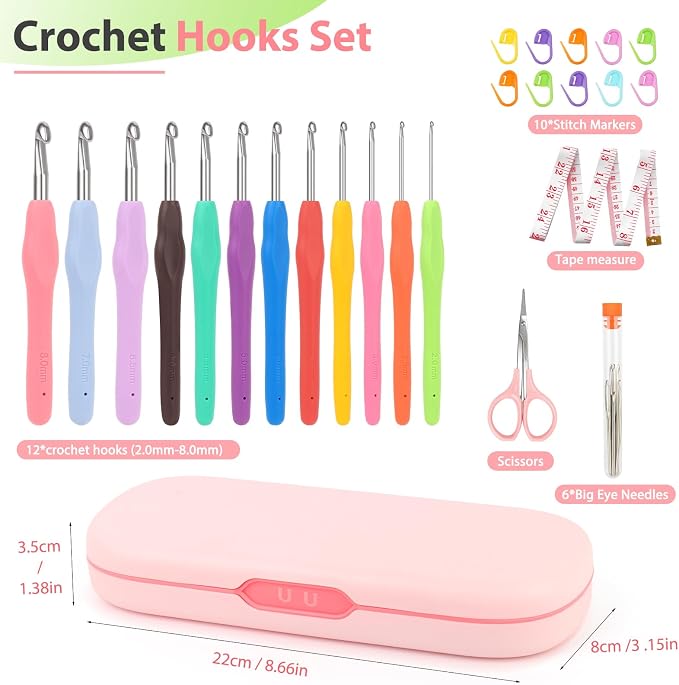 Coopay Crochet Hooks Set with Case,Crochet Hook Kit for Arthritic Hands | 12 Sizes Ergonomic Soft Grip Crochet Needles Set for Beginner Adults-2mm(B)-8mm(L)-Ideal Gifts