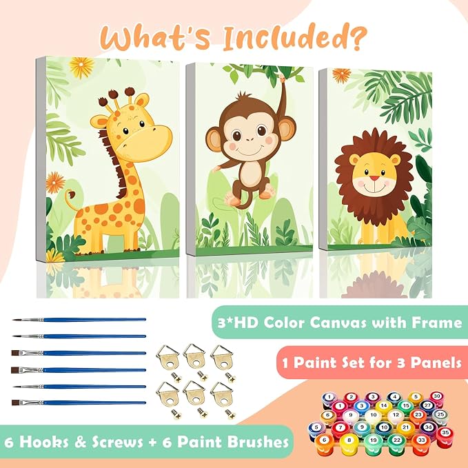 3 Piece Paint by Numbers Kit for Kids Easy Kid Paint by Number Kits Ages 8-12 Animal DIY Painting Kits for Kids Age 4-8 Beginner Paint by Number Canvas with Frame Children Color by Numbers Kit 8x12 In