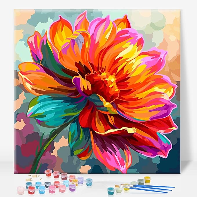 Framed Paint by Numbers Kit for Adults, Colorful Flower, 10 x 10 Inch | DIY Adult Paint by Number Kit for Beginners, Floral Wall Decor, Stress Relief Craft Gift, Creative Hobby