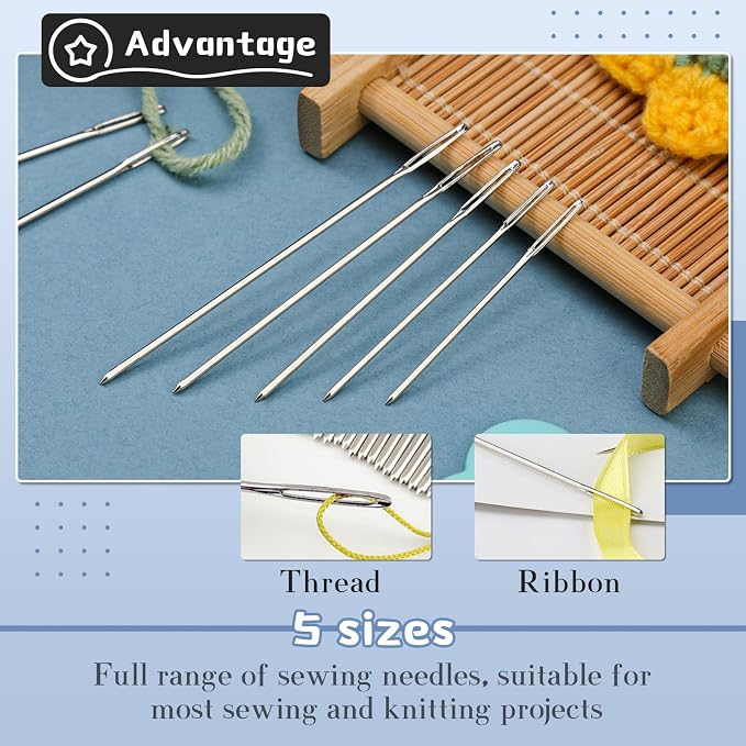 TLKKUE 100Pcs Steel Large-Eye Blunt Needles, Tapestry Needle 5 Sizes | Needle Threader Thimble, Yarn Needles for Sewing Knitting Crafting Weaving Crochet Tapestry (Silver, 5 sizes/100pcs)